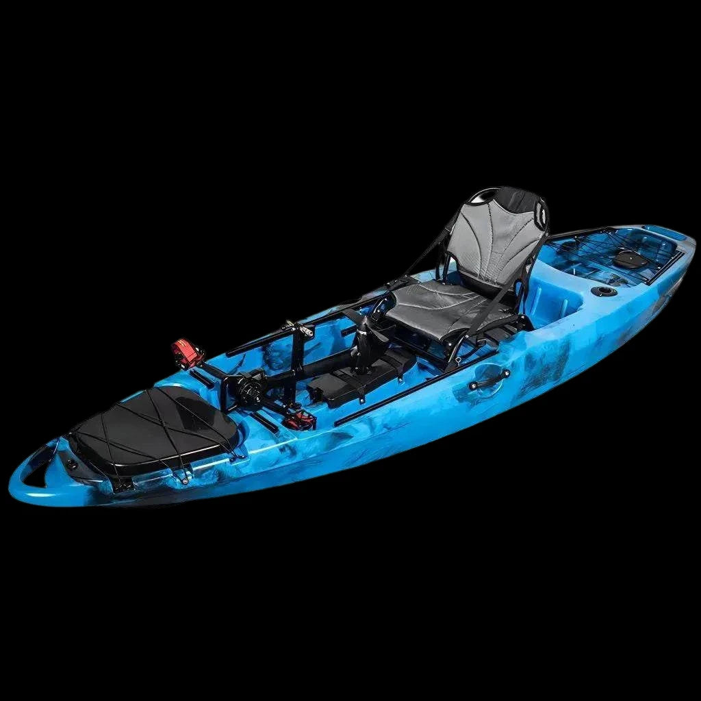 Tarpon Propel 10’ Fishing Kayak with pedal and rudder system, blue color, single seat configuration.