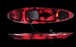 Tarpon Propel 10’ Fishing Kayak with pedal and rudder system, top and side view in red color.